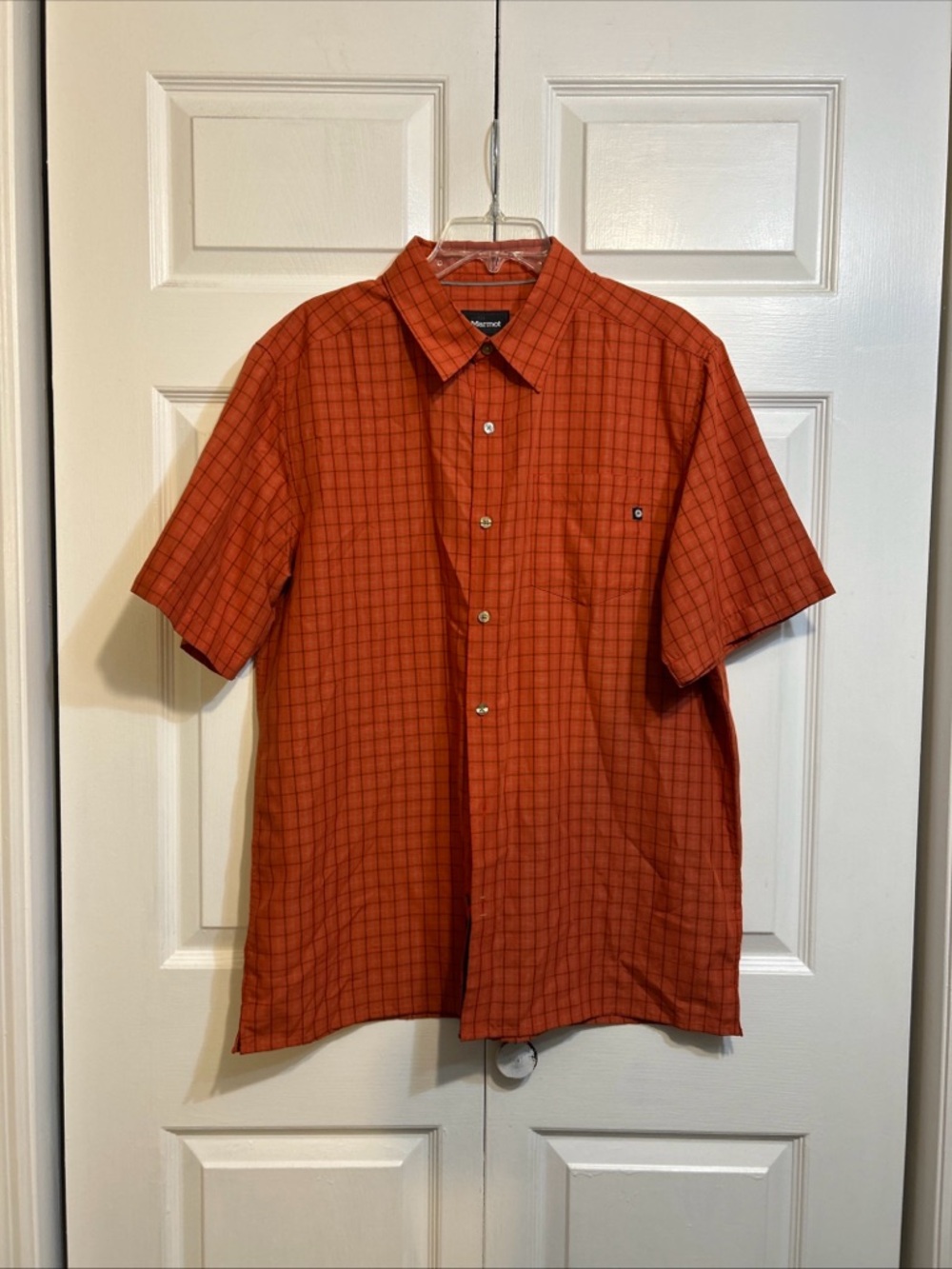 Marmot Mens Size L Large Shirt Plaid Short Sleeve Button Orange Hiking Outdoor